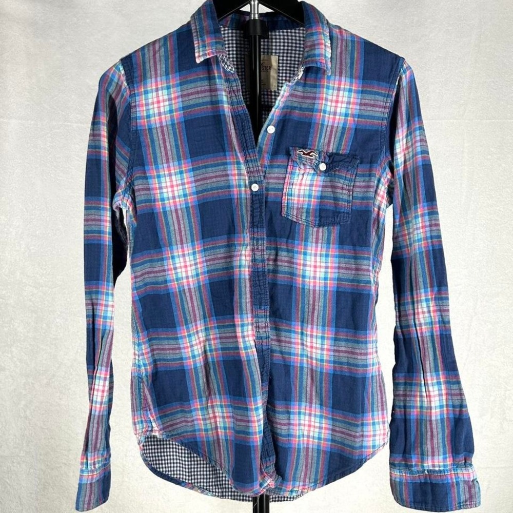 Hollister XS Blue Plaid Button Up Shirt Long Sleeve Cotton High Low Casual Top